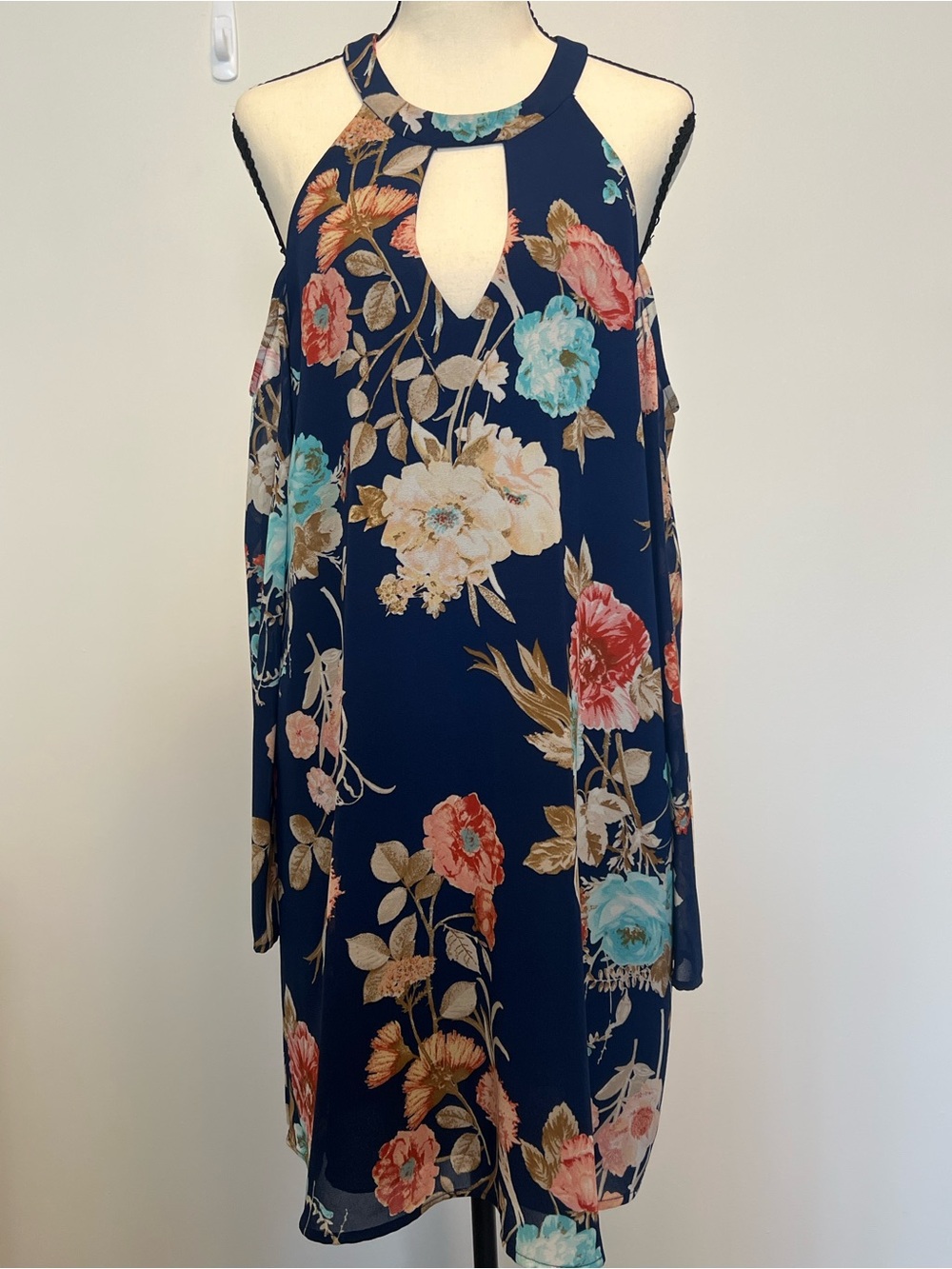 Charles Henry Navy Floral Halter Midi Dress with Teal and Coral Blooms